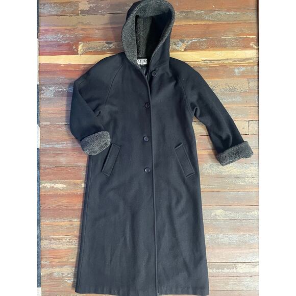 MDP Mario De Pinto Long Wool Maxi Coat Hooded Black USA Made Faux Fur Trim - Picture 7 of 12